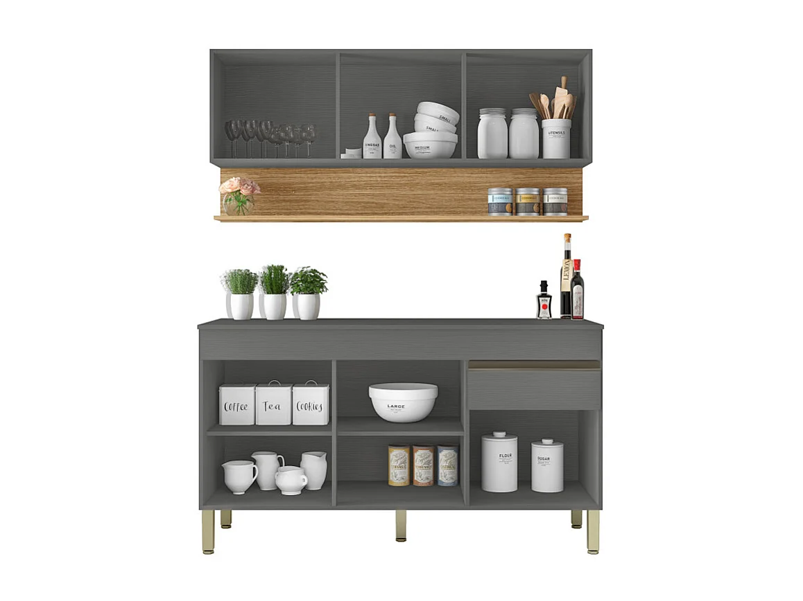 Cuisine Equipée 6 Portes 1 Tiroir Chêne et Gris L 120 H 200 P 53.3 cm