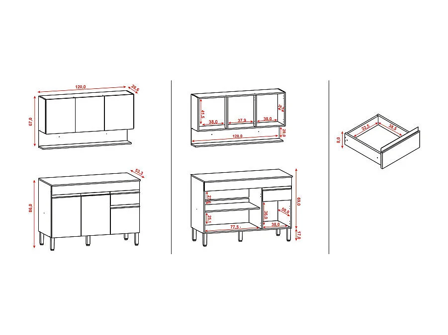 Cuisine Equipée 6 Portes 1 Tiroir Chêne et Gris L 120 H 200 P 53.3 cm