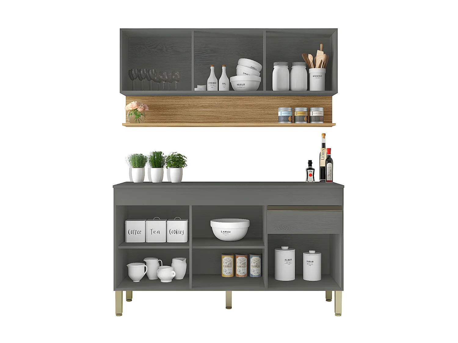 Cuisine Equipée 6 Portes 1 Tiroir Chêne et Gris L 150 H 200 P 53.3 cm