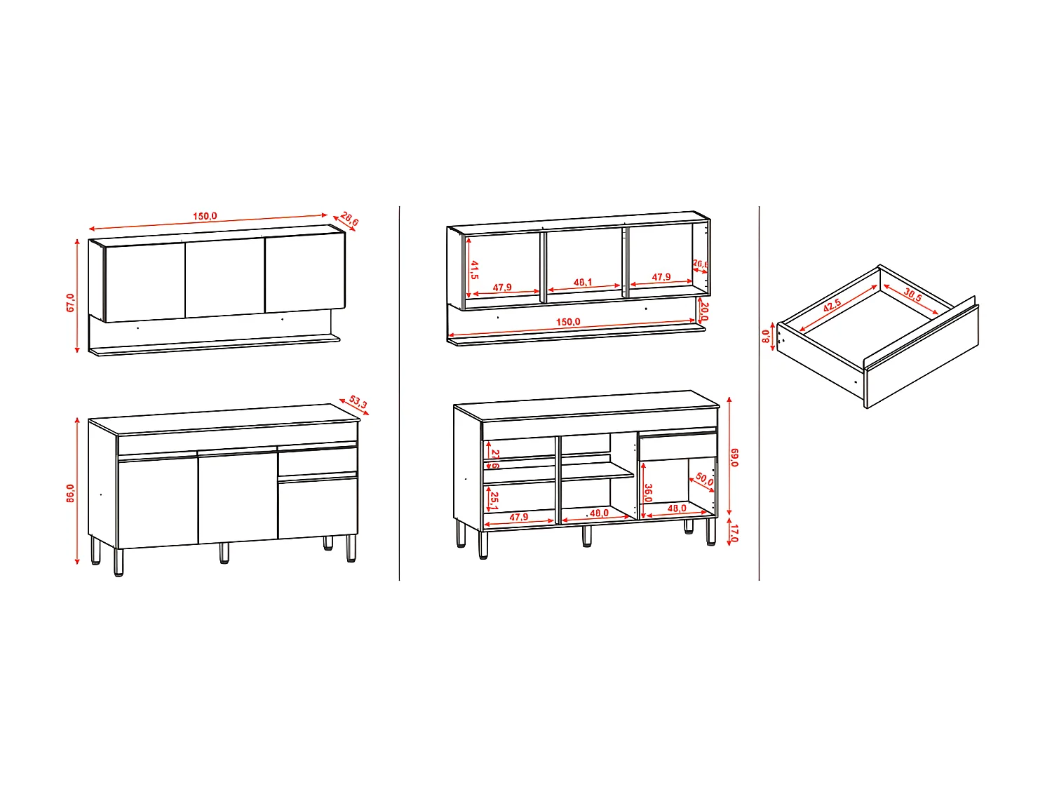 Cuisine Equipée 6 Portes 1 Tiroir Chêne et Gris L 150 H 200 P 53.3 cm