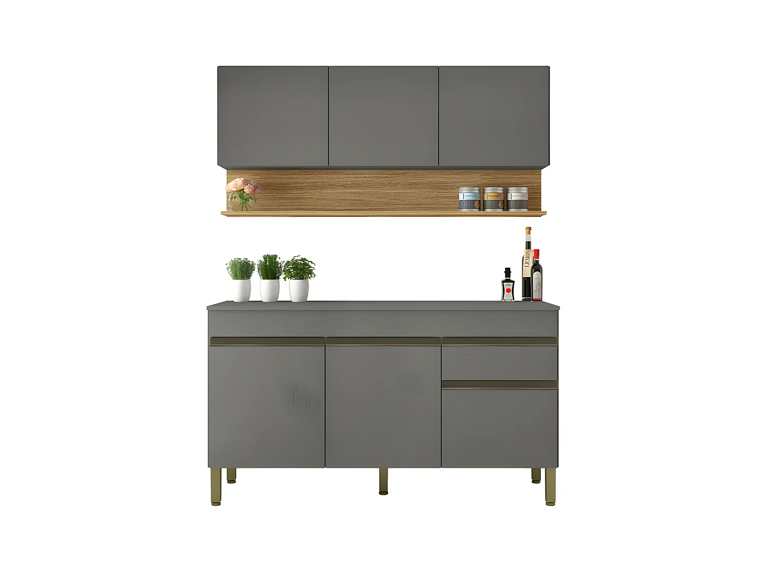 Cuisine Equipée 6 Portes 1 Tiroir Chêne et Gris L 150 H 200 P 53.3 cm