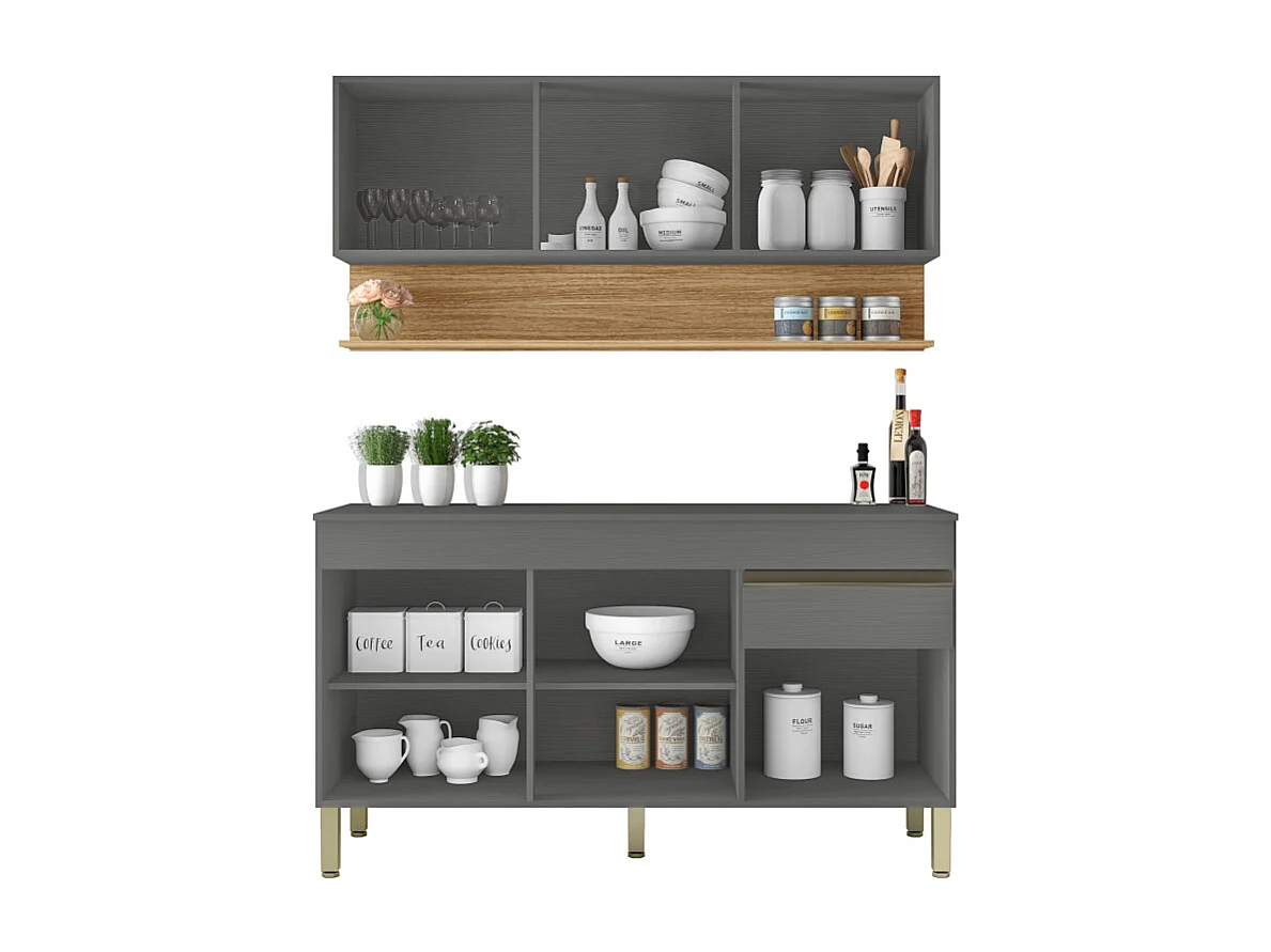 Cuisine Equipée 6 Portes 1 Tiroir Chêne et Gris L 150 H 200 P 53.3 cm