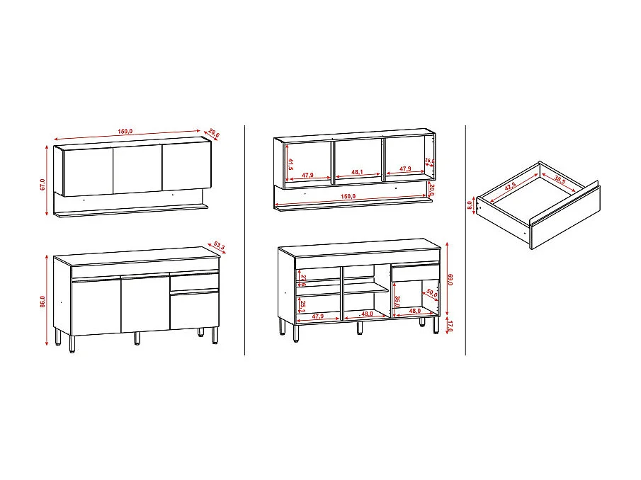 Cuisine Equipée 6 Portes 1 Tiroir Chêne et Gris L 150 H 200 P 53.3 cm