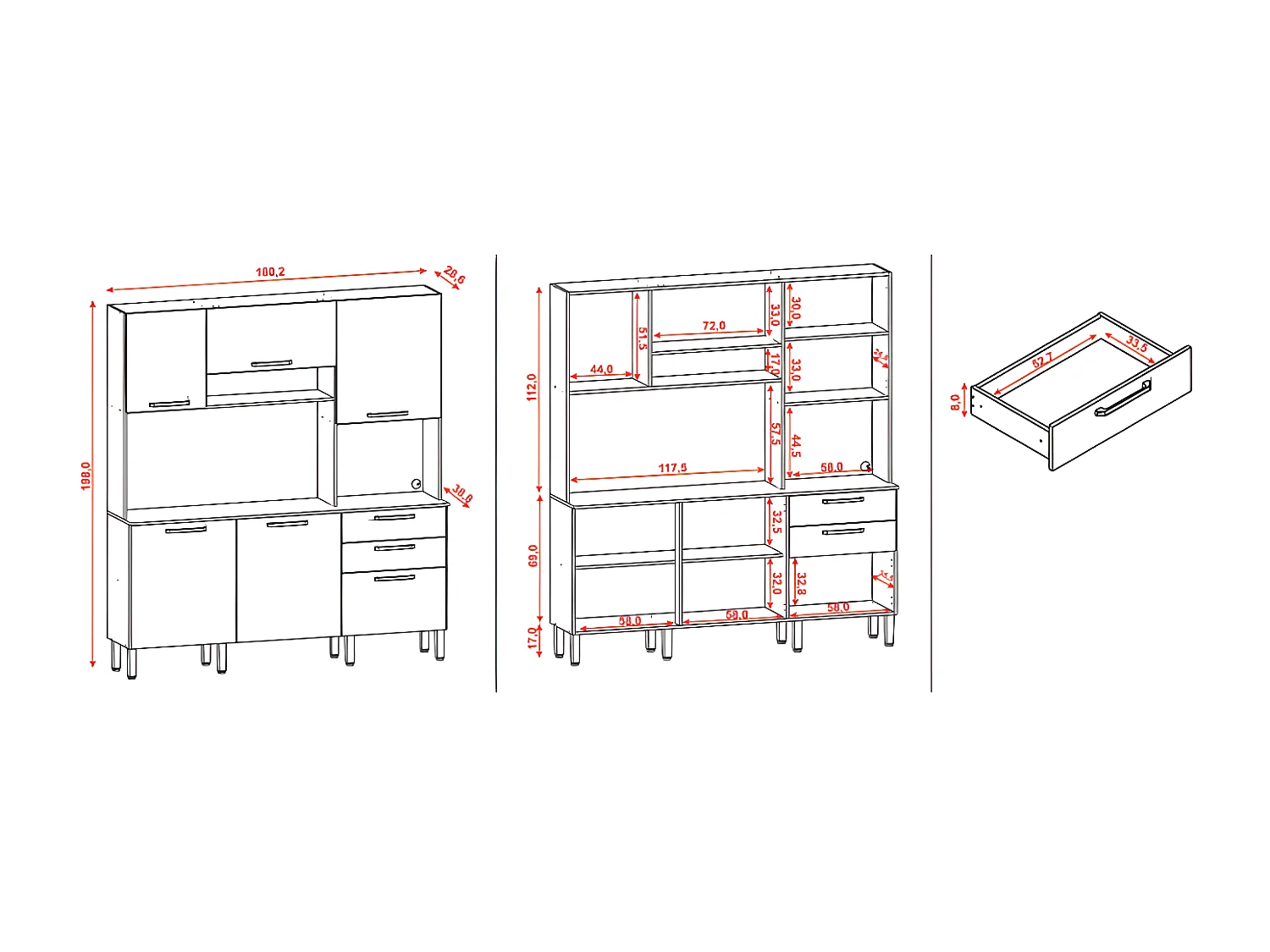 Buffet de Cuisine 6 Portes 2 Tiroirs Chêne et Vanille L 180.2 H 198 P 38.8 cm