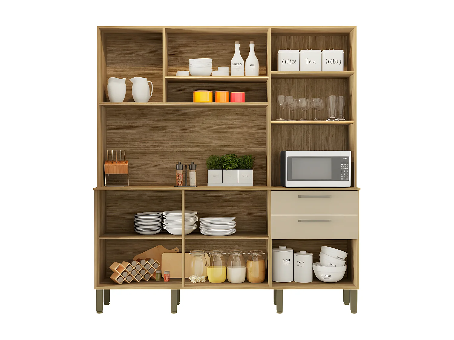 Buffet de Cuisine 6 Portes 2 Tiroirs Chêne et Vanille L 180.2 H 198 P 38.8 cm