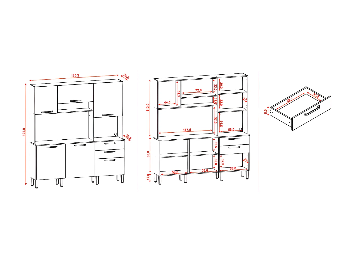 Buffet de Cuisine 6 Portes 2 Tiroirs Chêne et Vanille L 180.2 H 198 P 38.8 cm