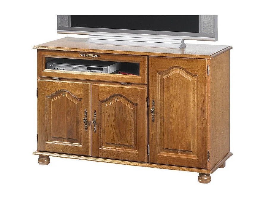 Meuble TV 55 Pouces Chêne 3 Portes 1 Abattant 6 Niches L120.6 H 77 P 46.5 cm