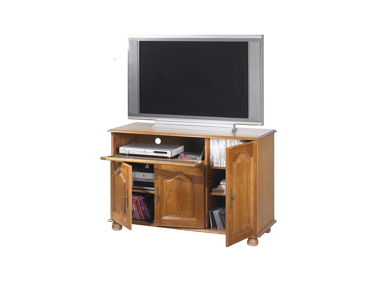 Meuble TV 55 Pouces Chêne 3 Portes 1 Abattant 6 Niches L120.6 H 77 P 46.5 cm