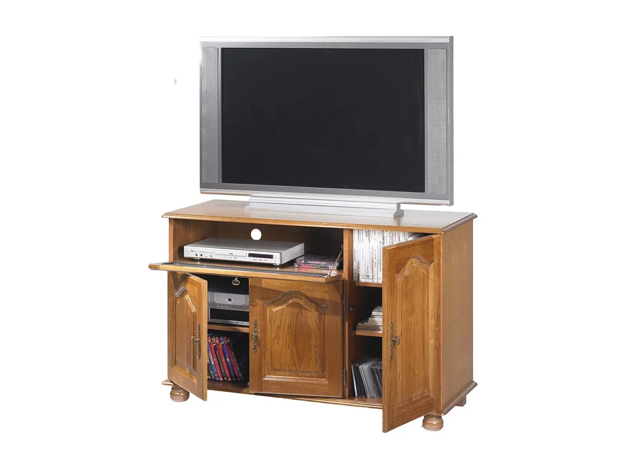 Meuble TV 55 Pouces Chêne 3 Portes 1 Abattant 6 Niches L120.6 H 77 P 46.5 cm