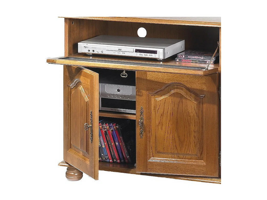 Meuble TV 55 Pouces Chêne 3 Portes 1 Abattant 6 Niches L120.6 H 77 P 46.5 cm