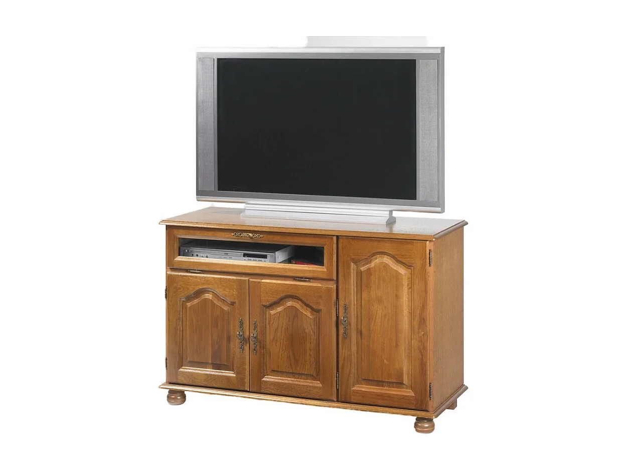 Meuble TV 55 Pouces Chêne 3 Portes 1 Abattant 6 Niches L120.6 H 77 P 46.5 cm