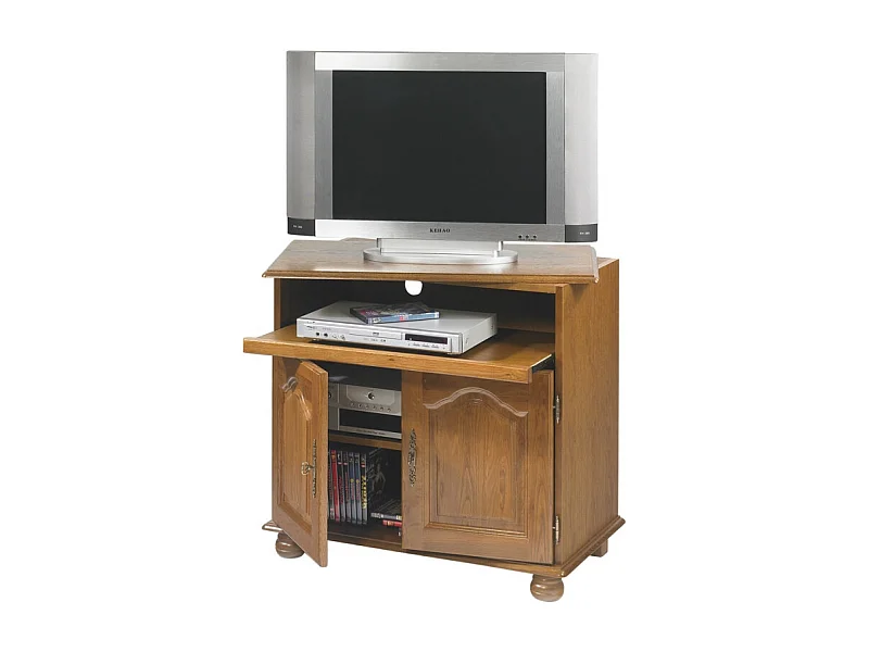 Meuble TV 32 Pouces Chêne Plateau Pivotant et Coulissant L 82 H 77 P 46.5 cm