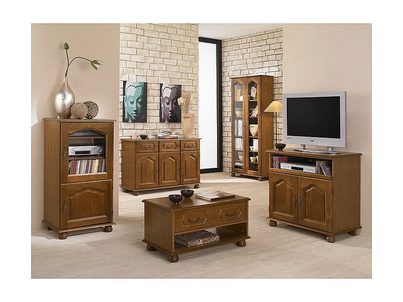 Meuble TV 32 Pouces Chêne Plateau Pivotant et Coulissant L 82 H 77 P 46.5 cm