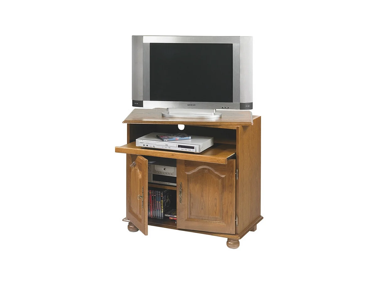 Meuble TV 32 Pouces Chêne Plateau Pivotant et Coulissant L 82 H 77 P 46.5 cm