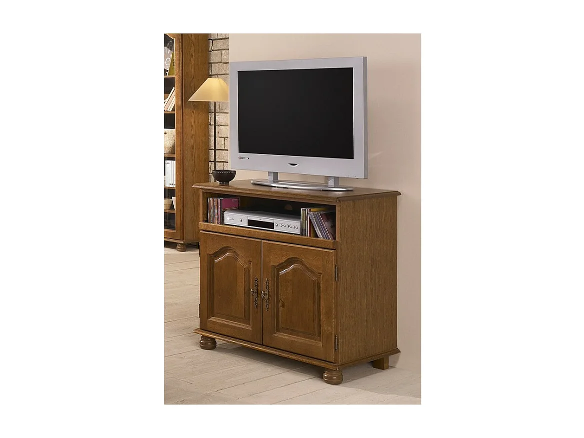 Meuble TV 32 Pouces Chêne Plateau Pivotant et Coulissant L 82 H 77 P 46.5 cm