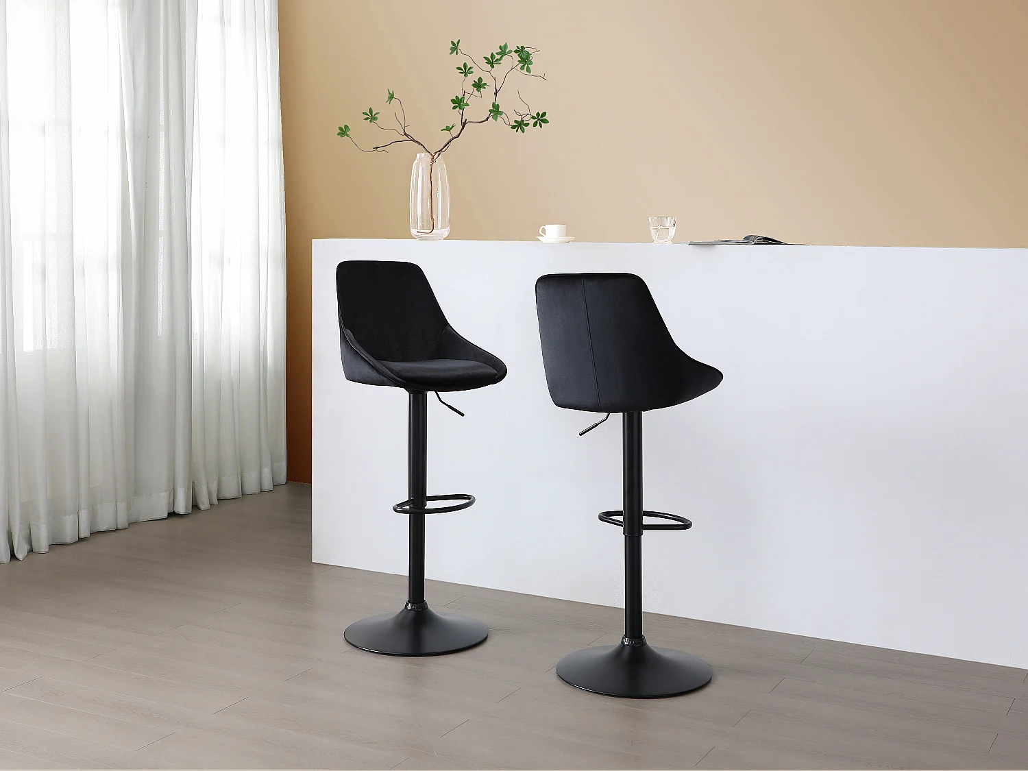 Tabouret de bar en velours et métal - Hauteur réglable - Noir - MASURIE