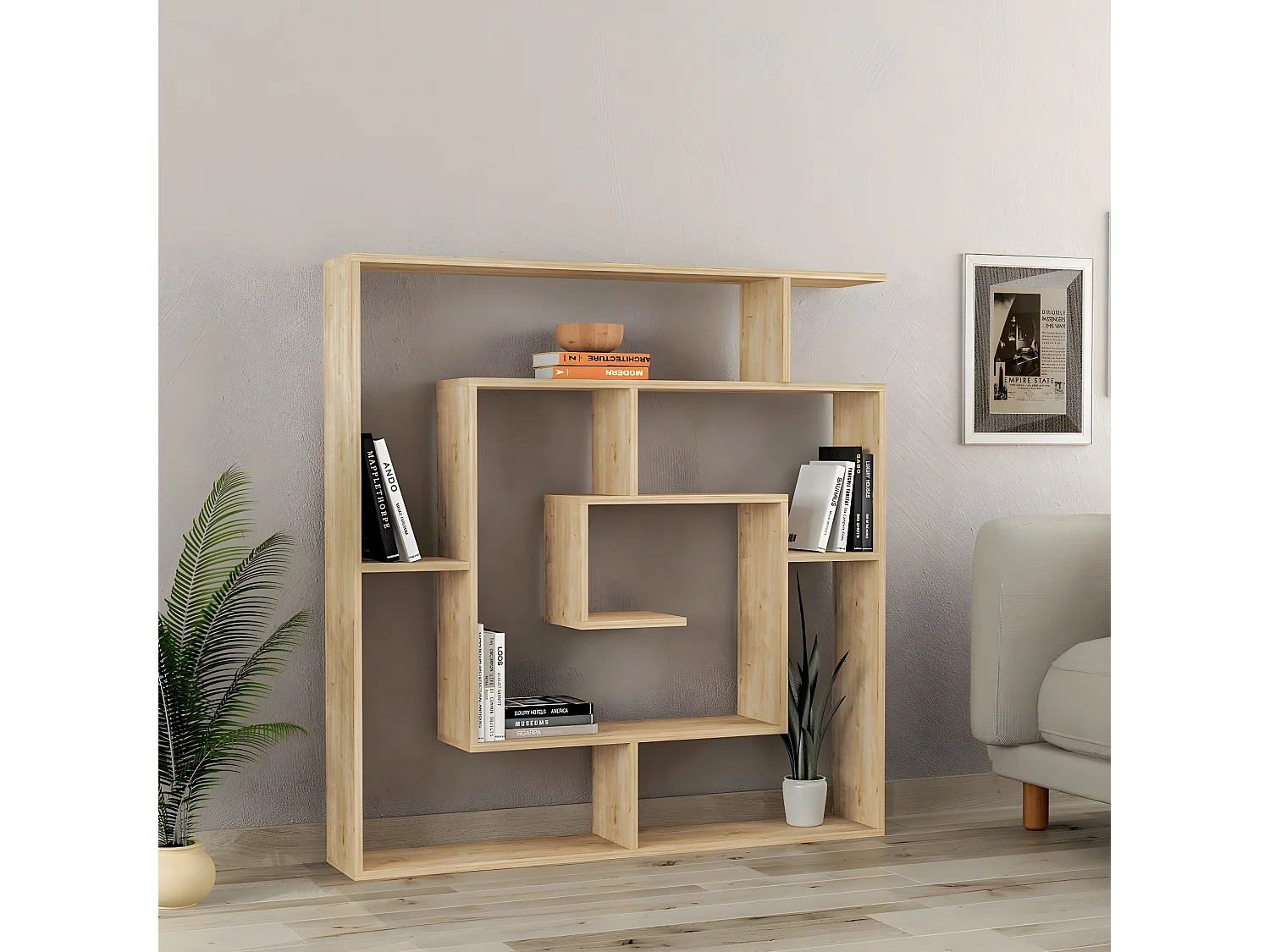 Etagère murale, bibliothèque en bois coloris chêne cambrian - L. 125 x P. 22 x H. 129 cm