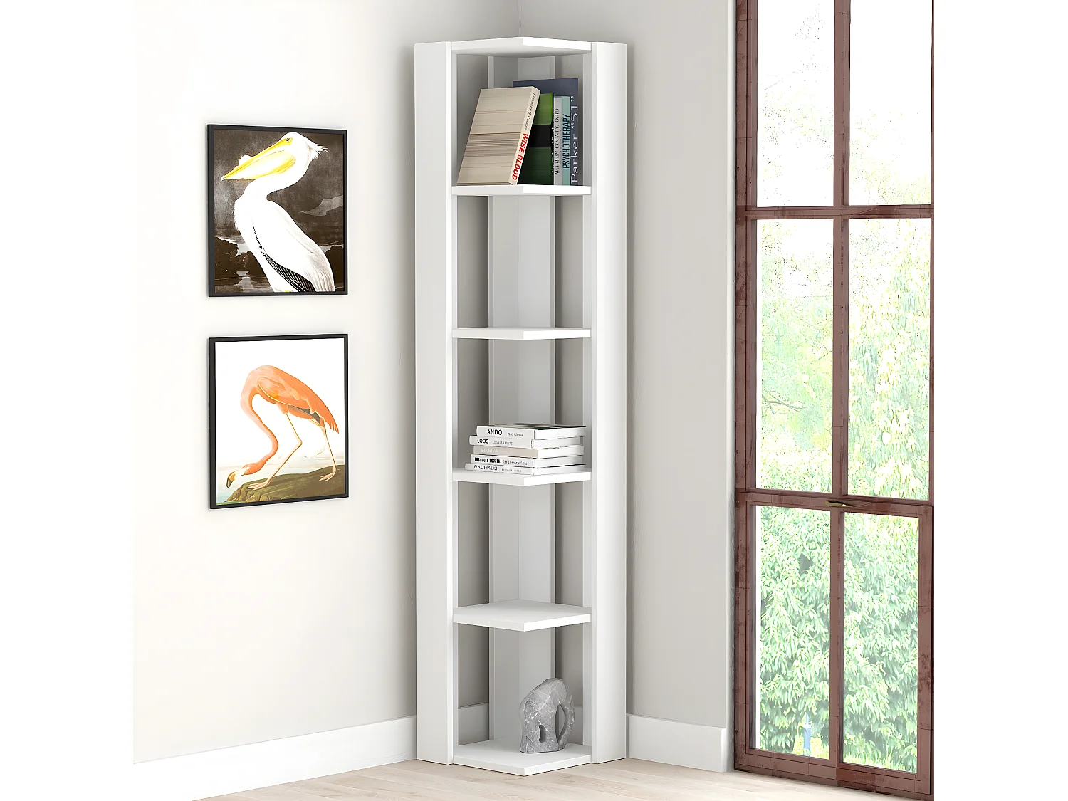 Etagère murale, bibliothèque d'angle avec 5 tablettes coloris blanc