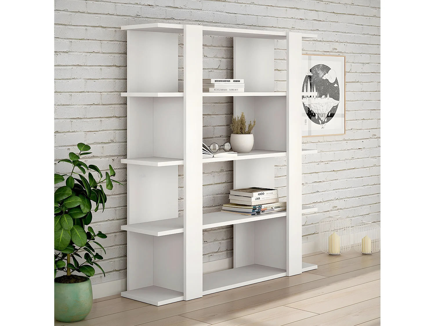 Etagère murale, bibliothèque en bois coloris blanc - L. 110 x P. 29 x H. 122 cm