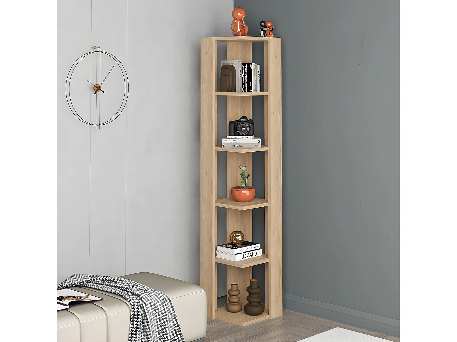 Etagère murale, bibliothèque d'angle avec 5 tablettes coloris chêne cambrian