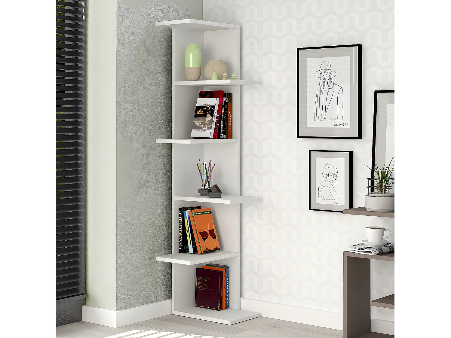 Etagère murale, bibliothèque coloris Blanc - longueur 37 x profondeur 24 x hauteur 141 cm