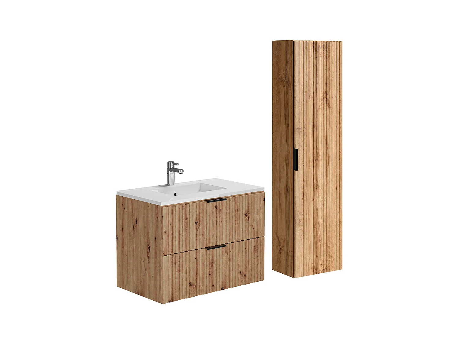 Waschbeckenunterschrank hängend mit Einbauwaschbecken & Badhochschrank - Streifenoptik - Holzfarben hell - 80 cm - ZEVARA