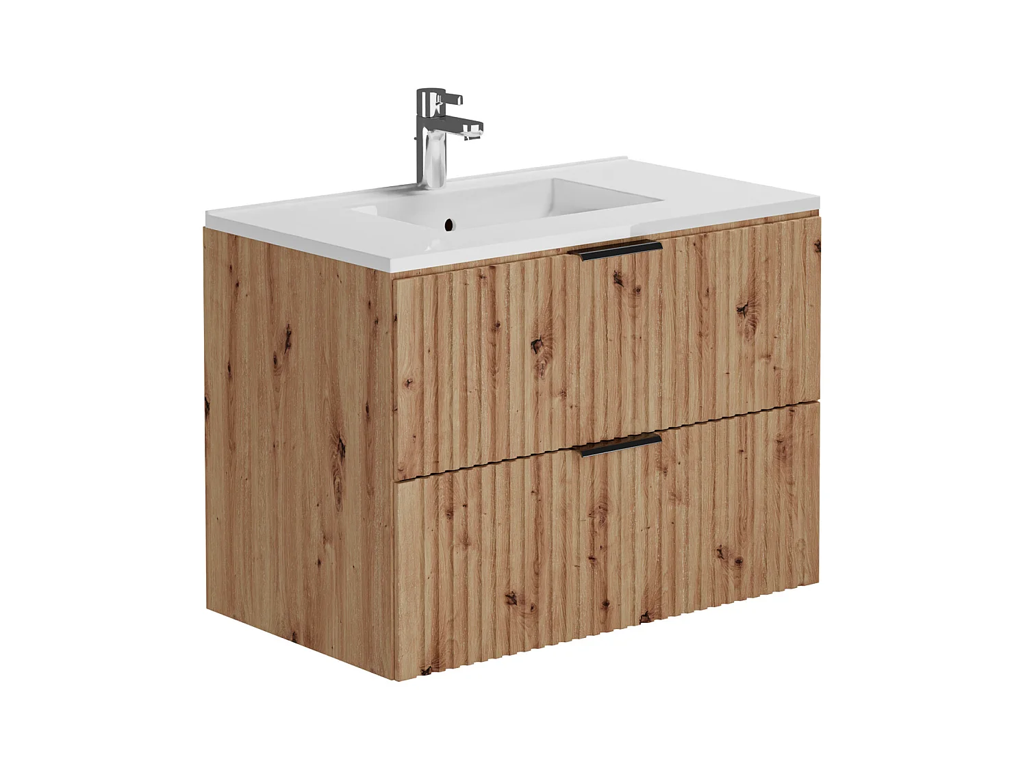Meuble de salle de bain suspendu strié avec vasque à encastrer et colonne - Coloris naturel clair - 80 cm - ZEVARA