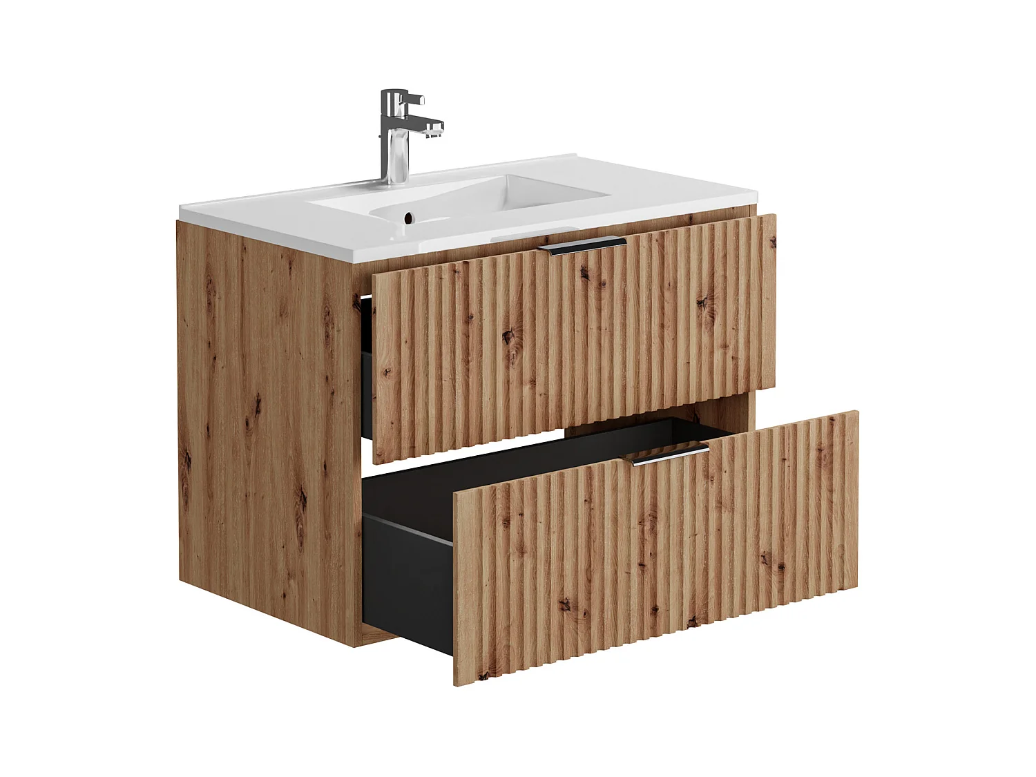Meuble de salle de bain suspendu strié avec vasque à encastrer et colonne - Coloris naturel clair - 80 cm - ZEVARA
