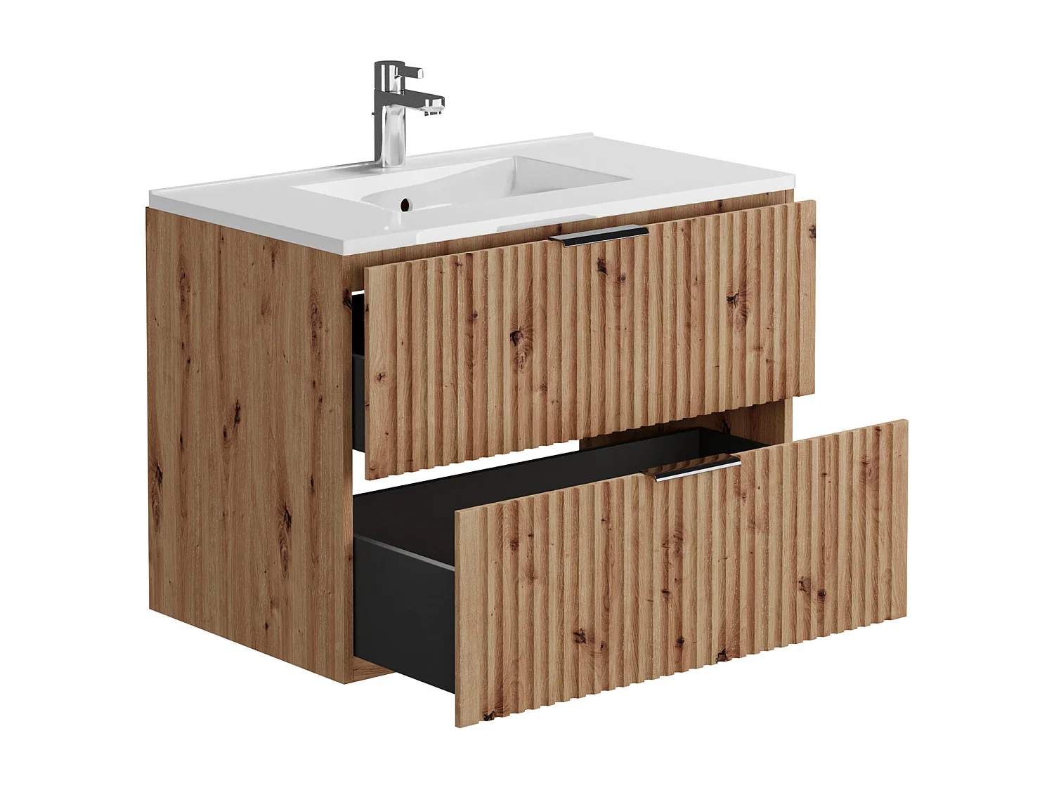 Meuble de salle de bain suspendu strié avec vasque à encastrer et colonne - Coloris naturel clair - 80 cm - ZEVARA