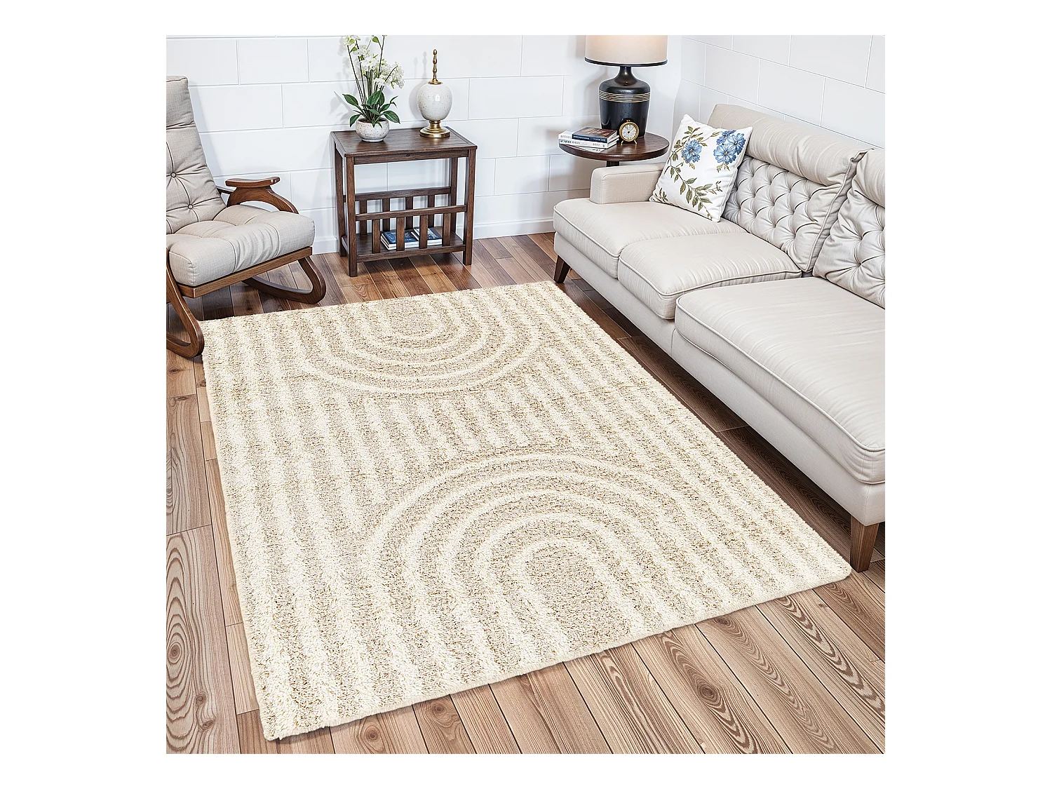 Tapis de Salon et Chambre - Shaggy Géométrique - CHRISTIANNE - 160x220cm - Blanc et Beige Clair