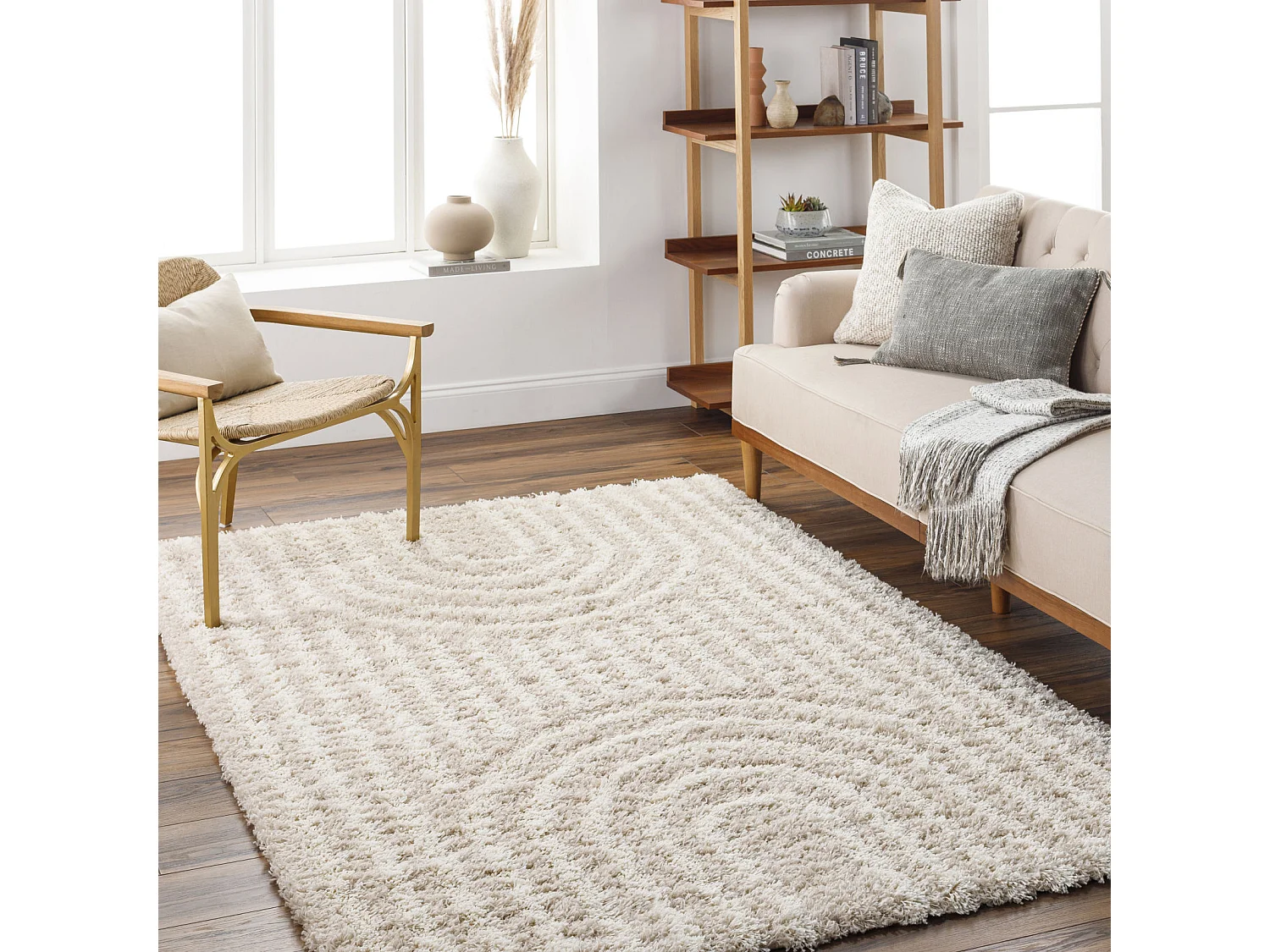 Tapis de Salon et Chambre - Shaggy Géométrique - CHRISTIANNE - 160x220cm - Blanc et Beige Clair