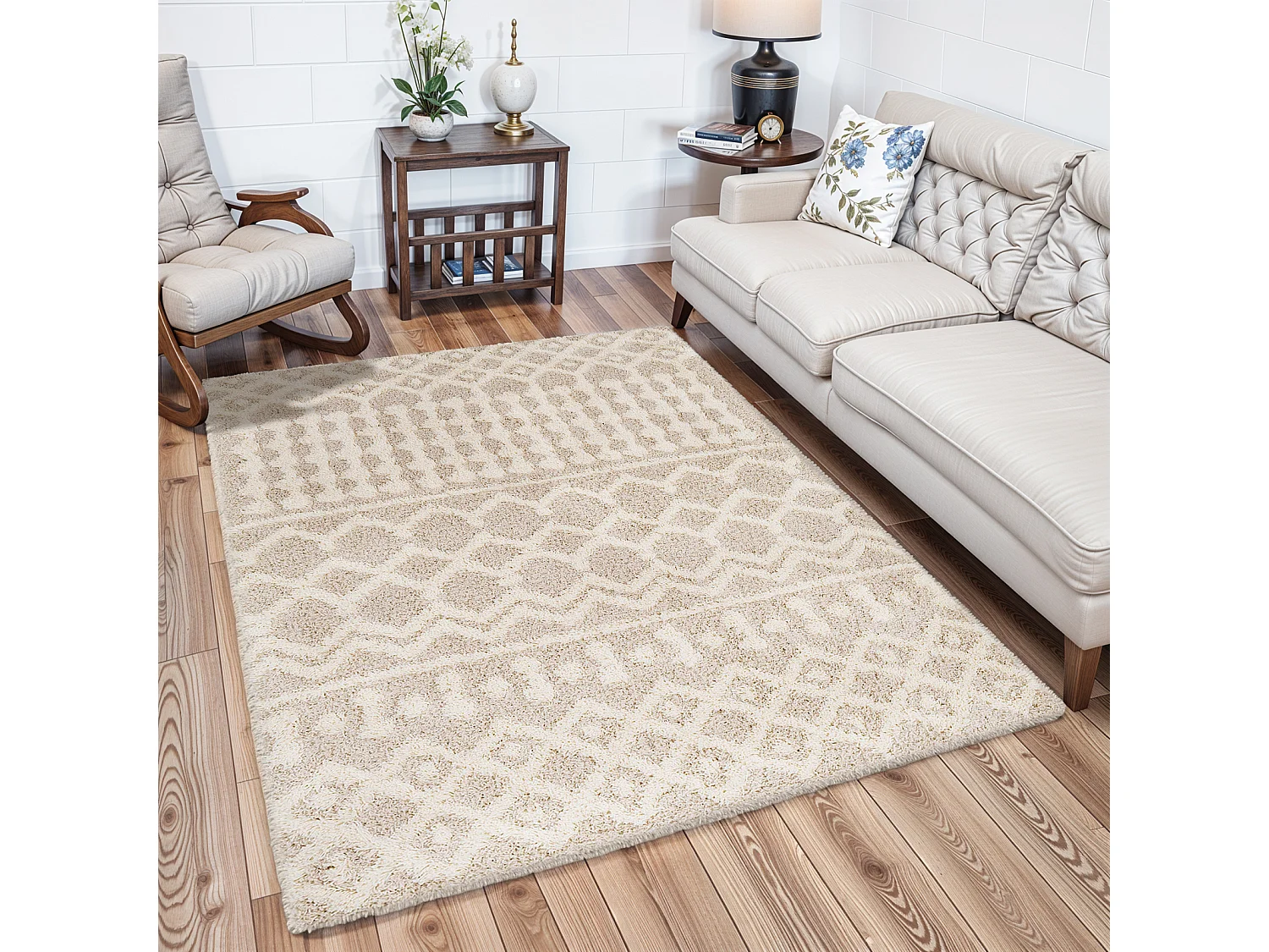 Zacht Hoogpolig Shaggy Boho Tapijt - Ivoor/Beige - 200x290cm - NOUR