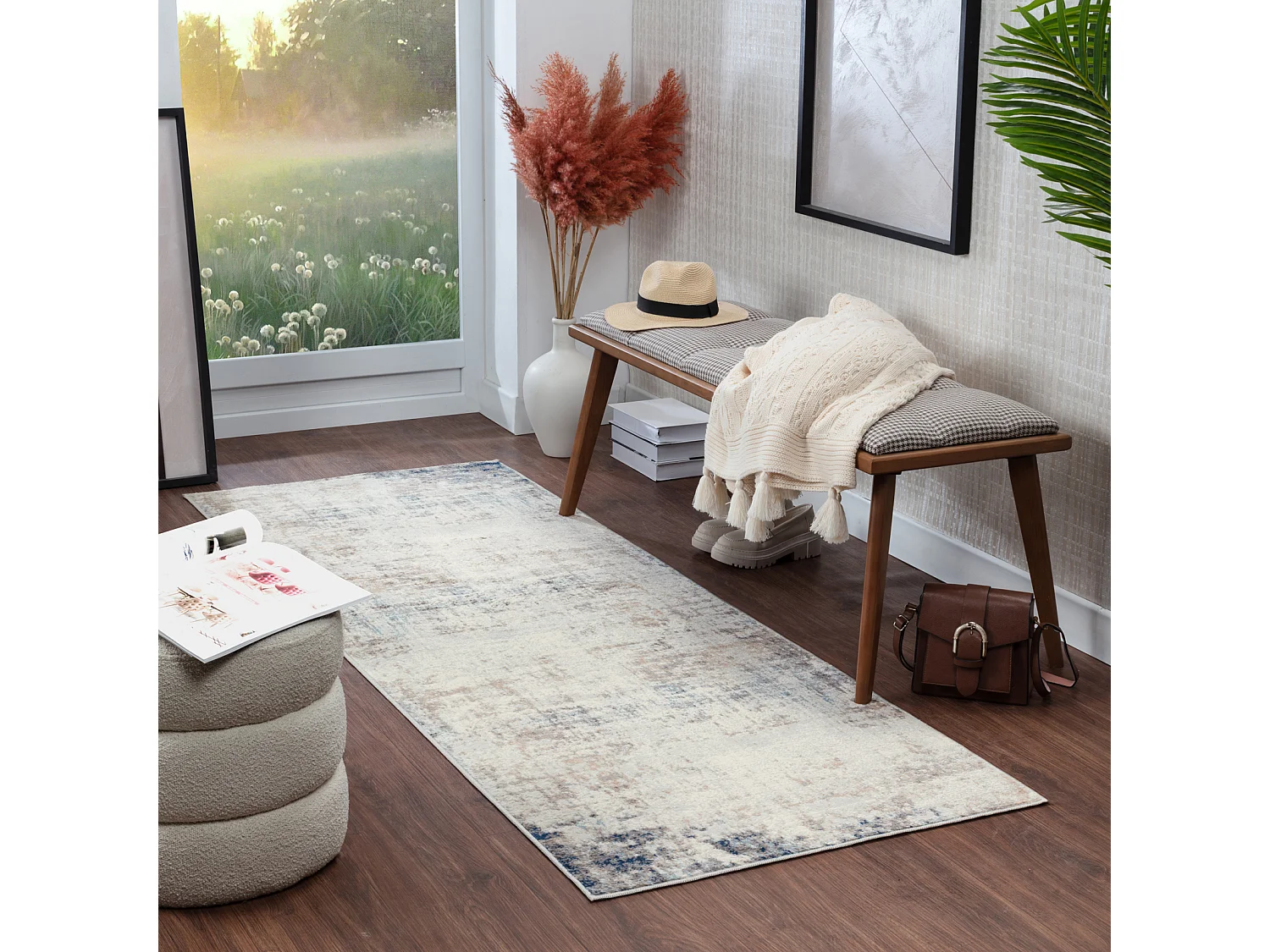 Tapis de Couloir Abstrait Moderne - Ivoire/Gris/Bleu - 80x220cm - ALIX