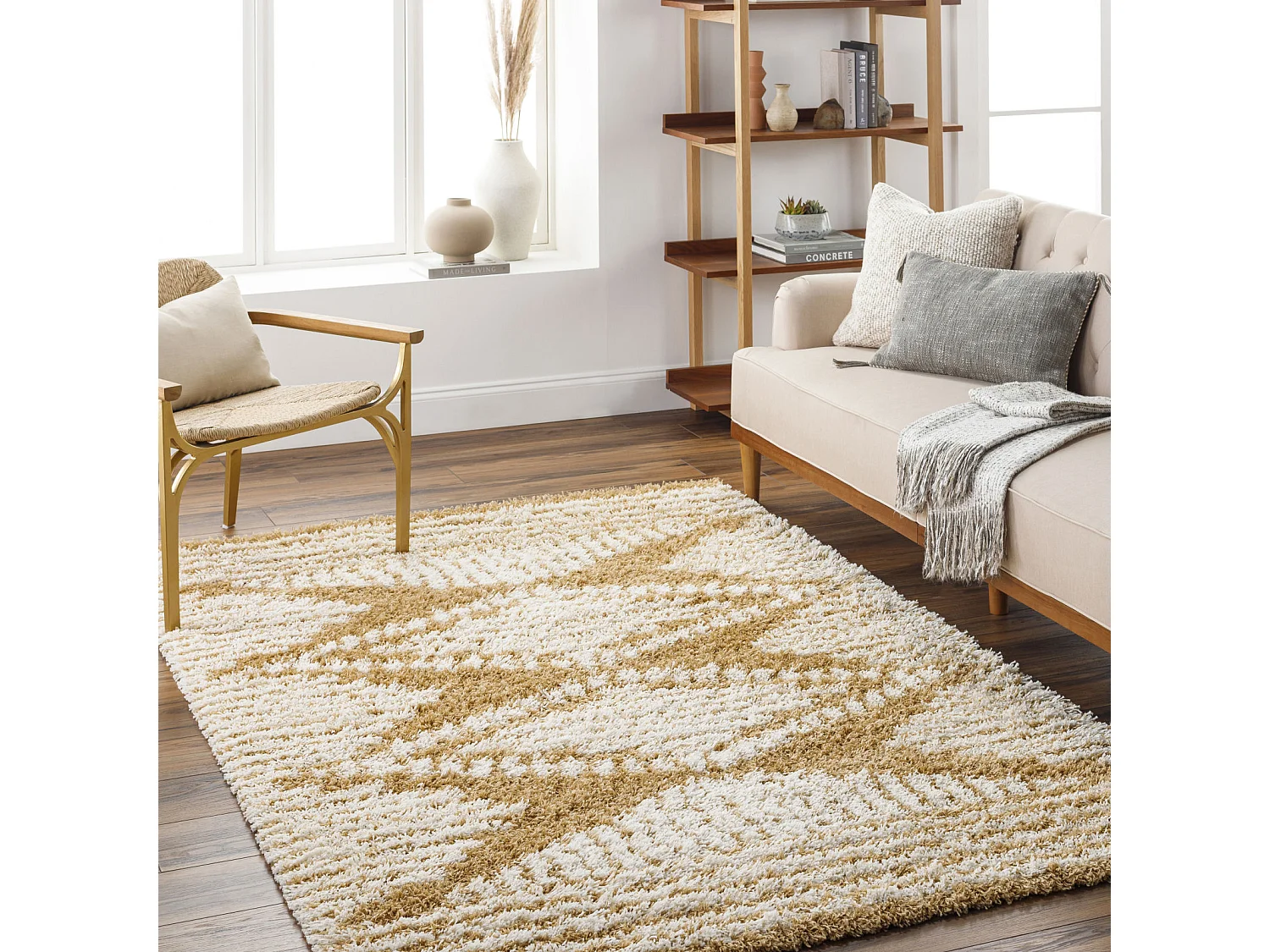 Zacht Hoogpolig Shaggy Boho Tapijt - Wit/MosterdGeel- 160x220cm - NURIA