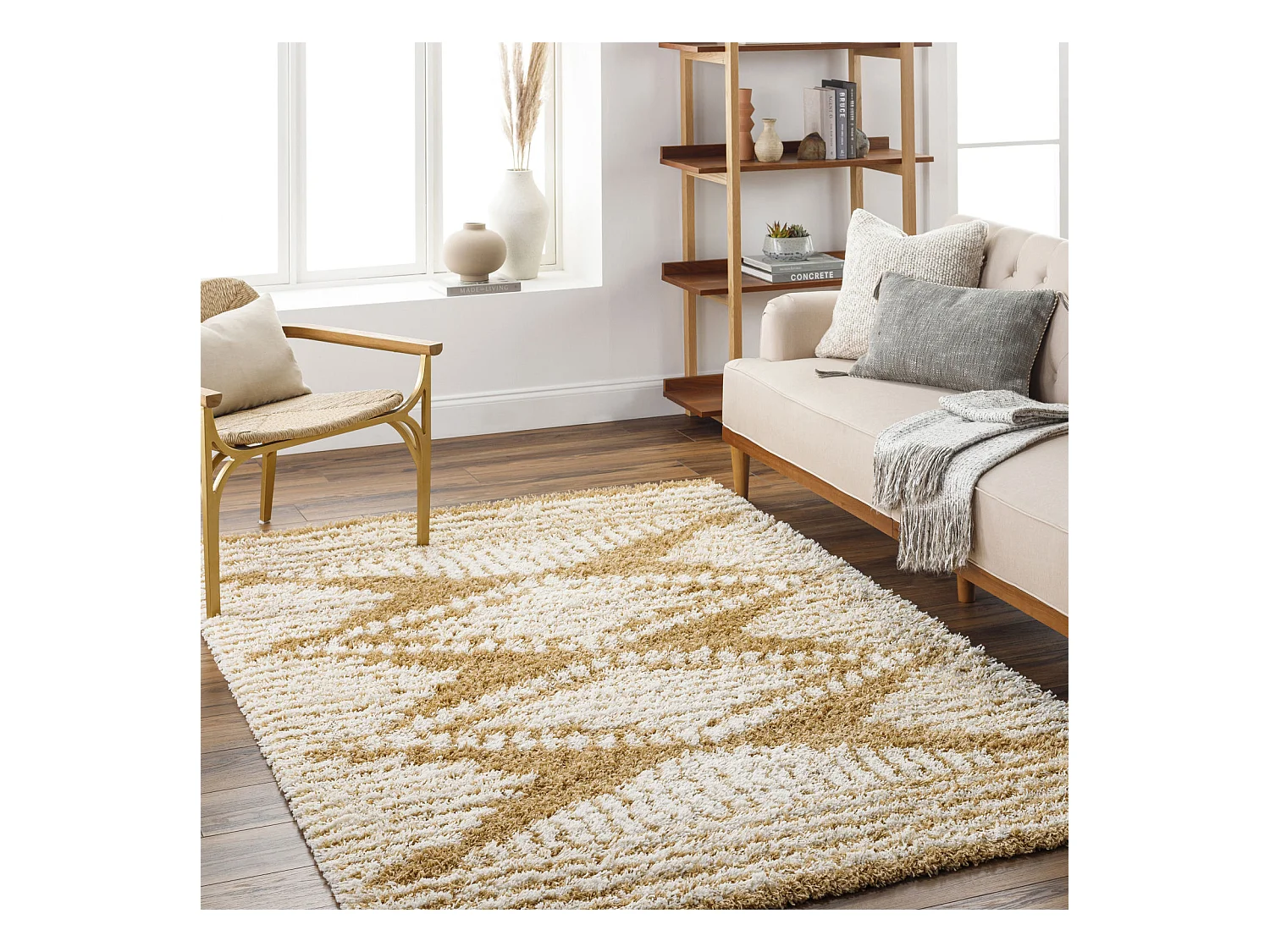 Tapis de Salon et Chambre - Shaggy Ethnique Scandinave - NURIA - 160x220cm - Blanc et Moutarde