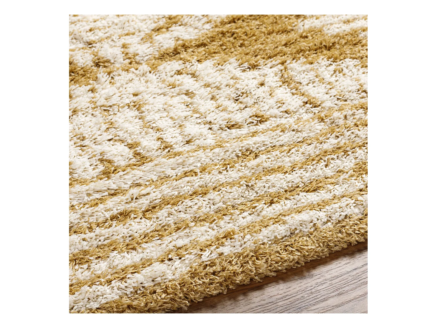 Tapis de Salon et Chambre - Shaggy Ethnique Scandinave - NURIA - 160x220cm - Blanc et Moutarde