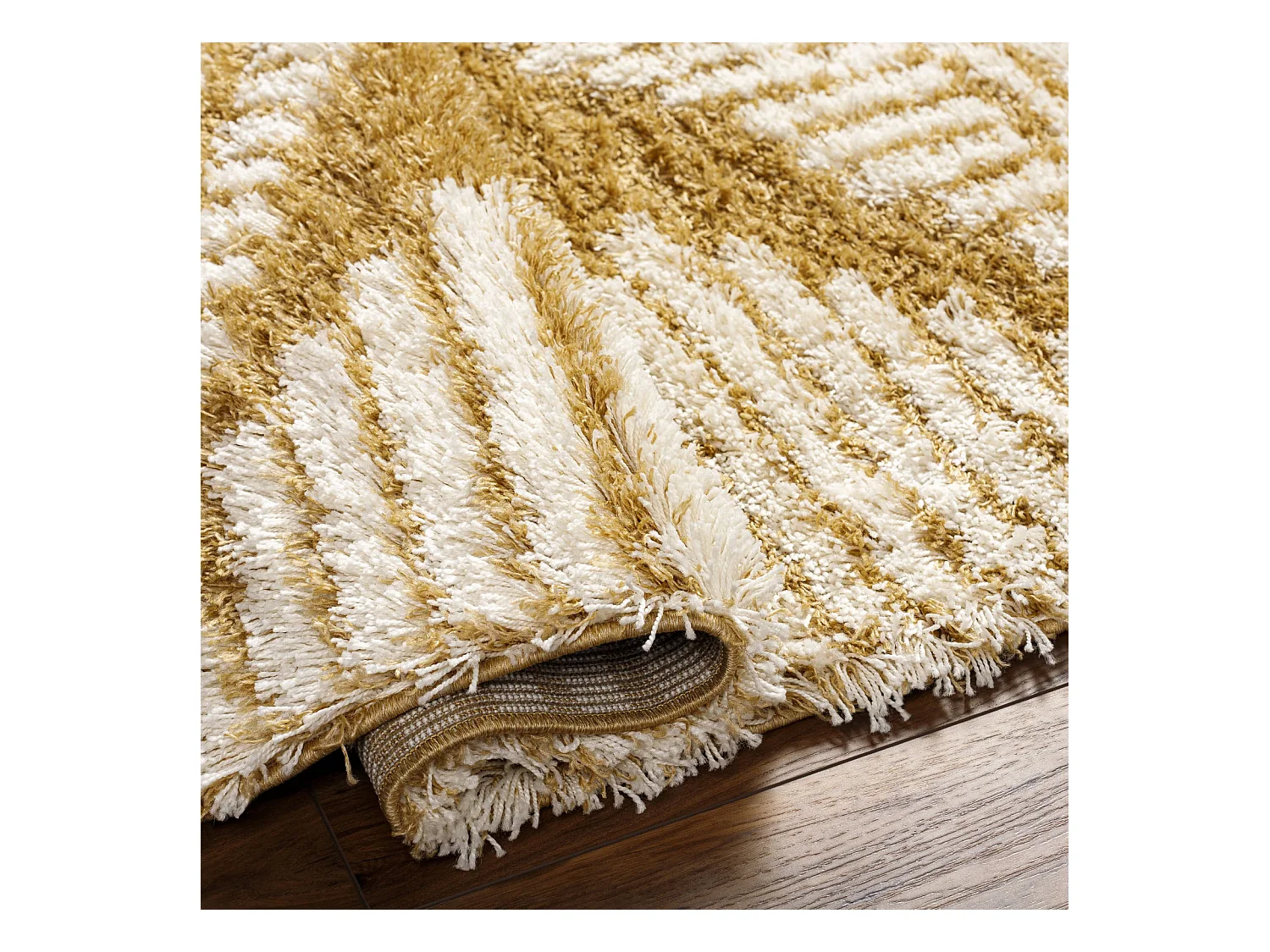 Tapis de Salon et Chambre - Shaggy Ethnique Scandinave - NURIA - 160x220cm - Blanc et Moutarde