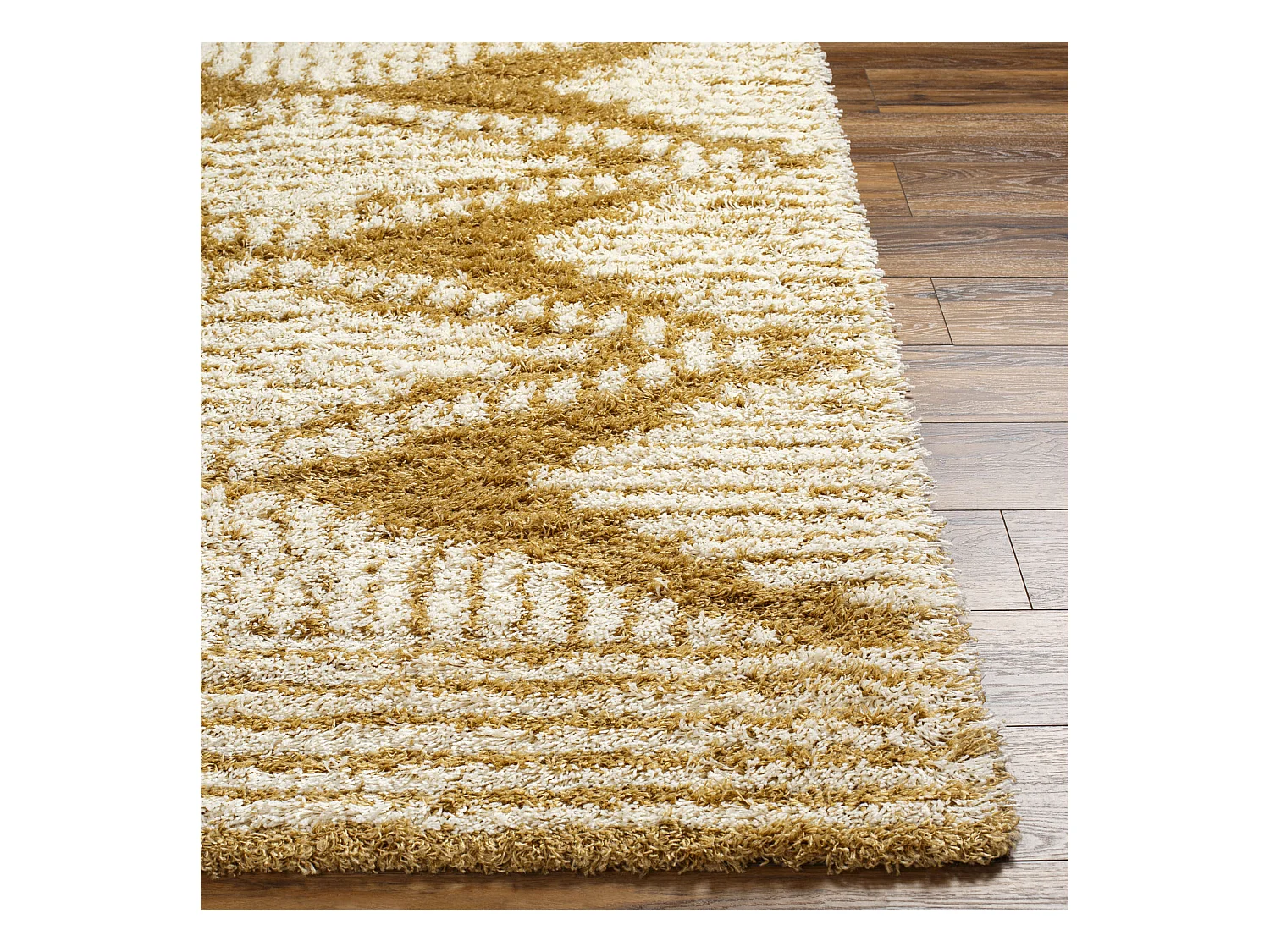Tapis de Salon et Chambre - Shaggy Ethnique Scandinave - NURIA - 160x220cm - Blanc et Moutarde