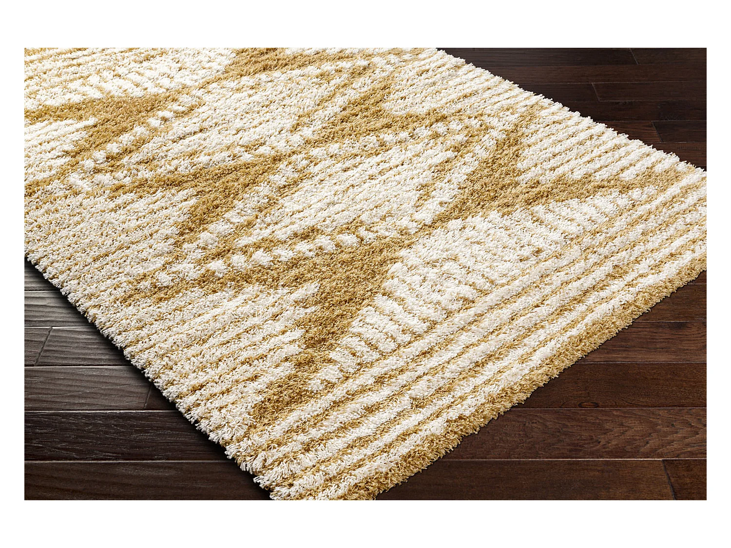 Tapis de Salon et Chambre - Shaggy Ethnique Scandinave - NURIA - 160x220cm - Blanc et Moutarde