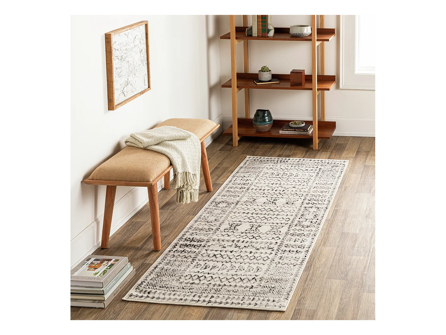 Tappeto per Corridoio Scandinavo Boho - Bianco/Nero - 80x220cm - OLIMPIA