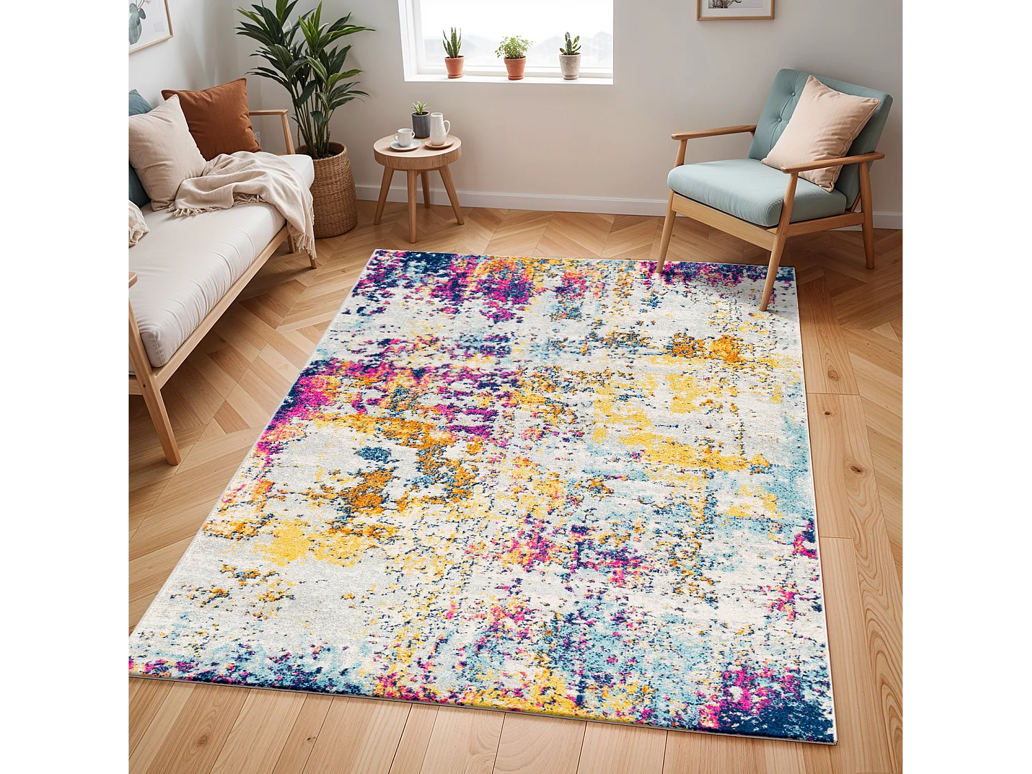 Modern Abstract Tapijt SARAH - Blauw/Geel/Roze - 160x220cm - SARAH