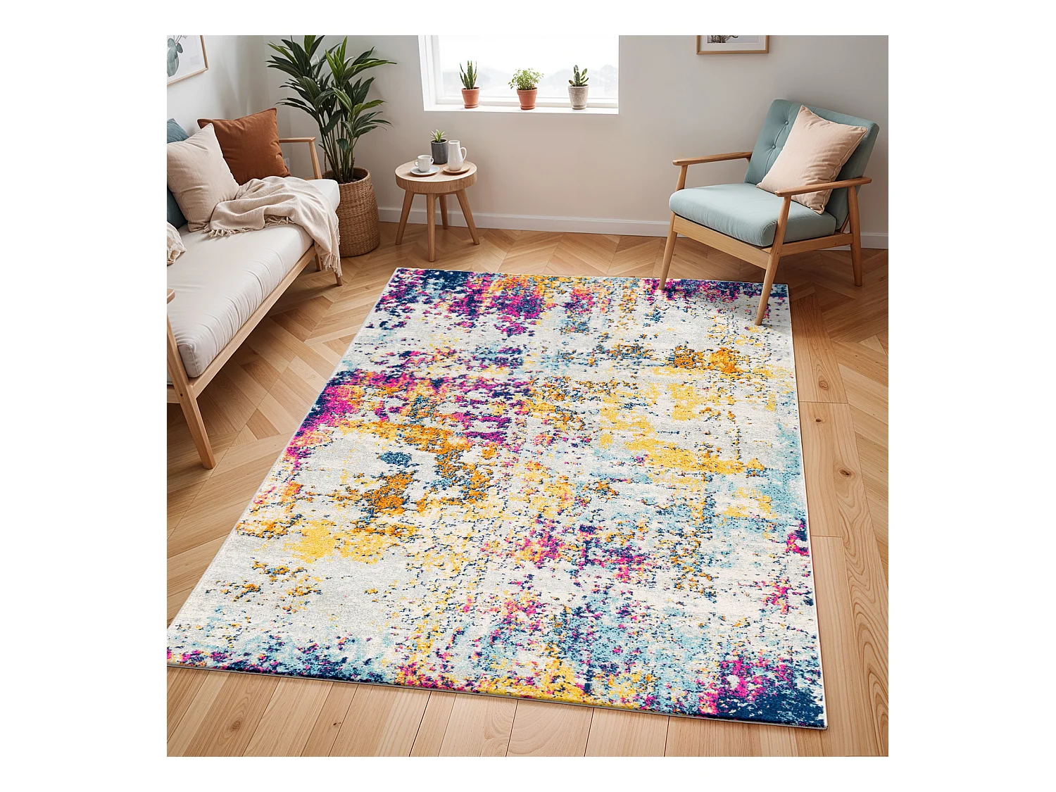 Modern Abstract Tapijt SARAH - Blauw/Geel/Roze - 160x220cm - SARAH