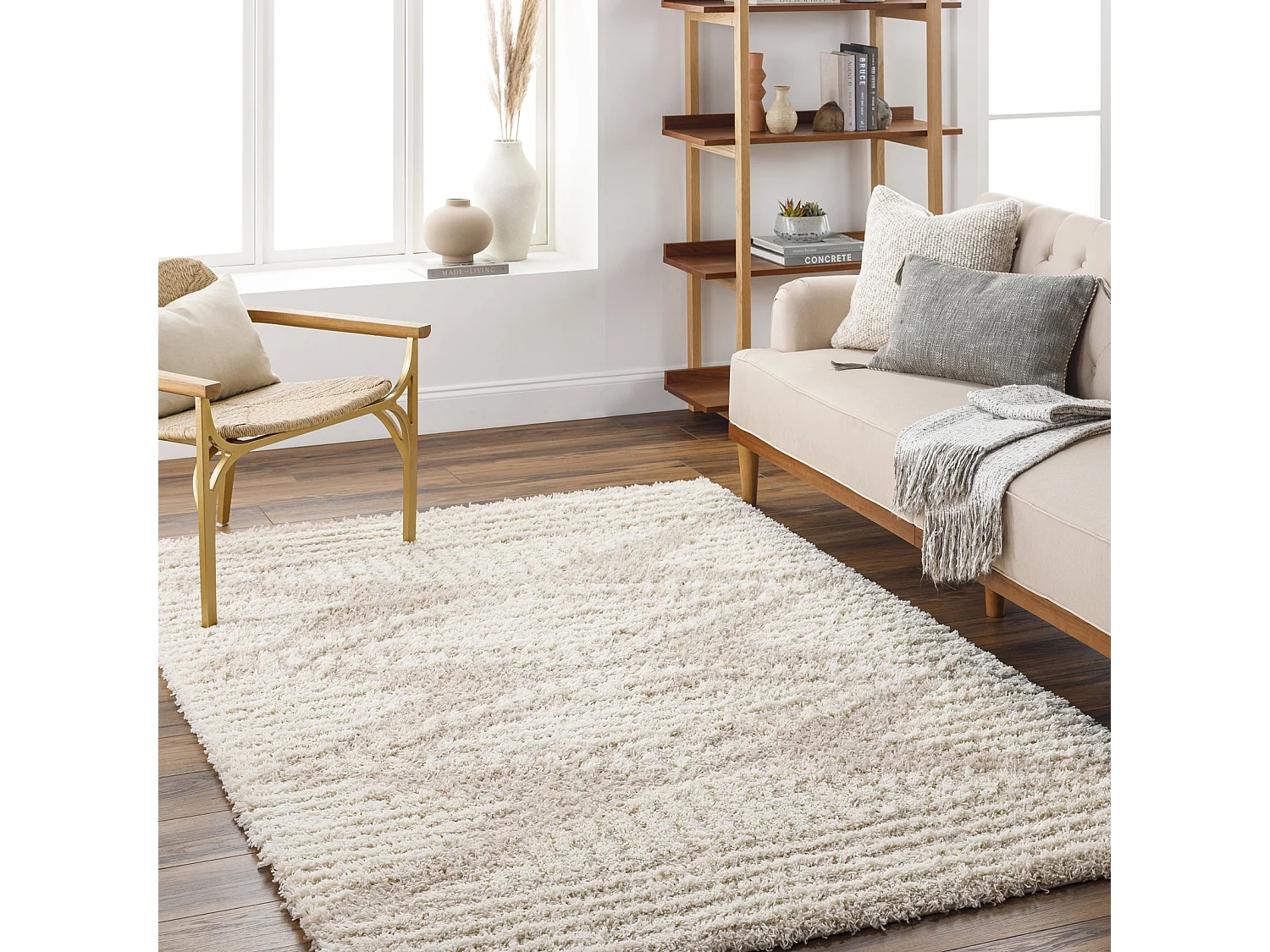 Tapis de Salon et Chambre - Shaggy Ethnique Scandinave - NANCY - 160x220cm - Blanc et Beige Clair