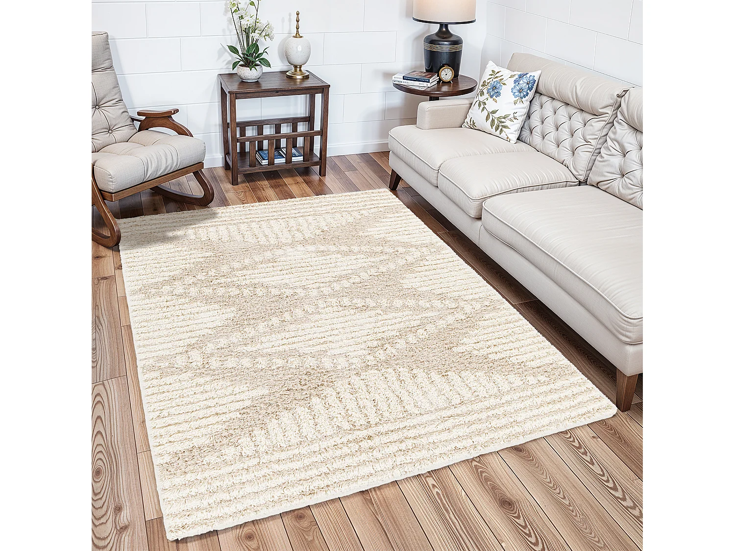 Tapis de Salon et Chambre - Shaggy Ethnique Scandinave - NANCY - 160x220cm - Blanc et Beige Clair