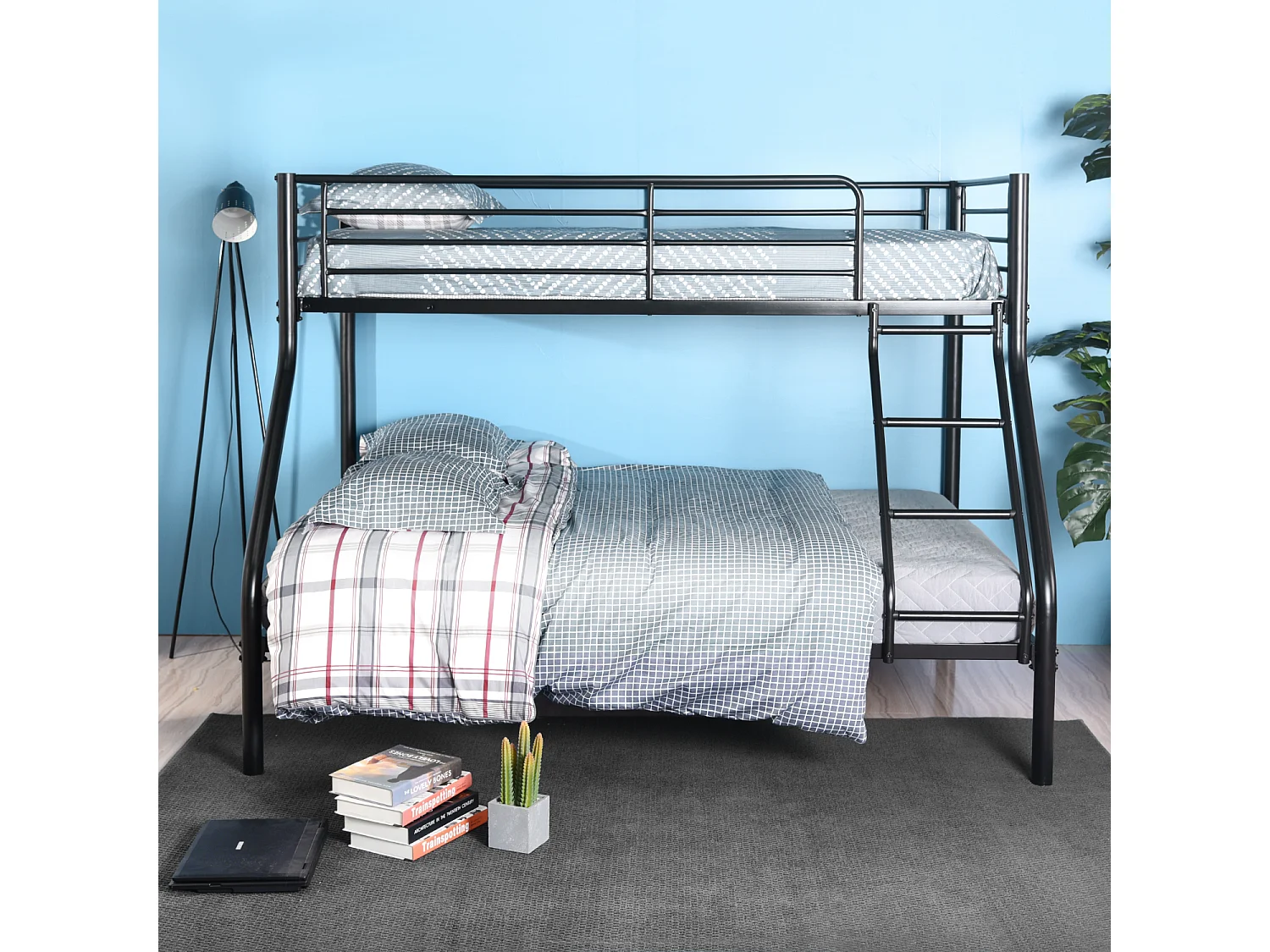 Meubles Cosy Lit superposes Lit surélevé pour 3 Personnes Sommier inclus 90x190 et 140x190cm Métal laqué Noir Style Industriel