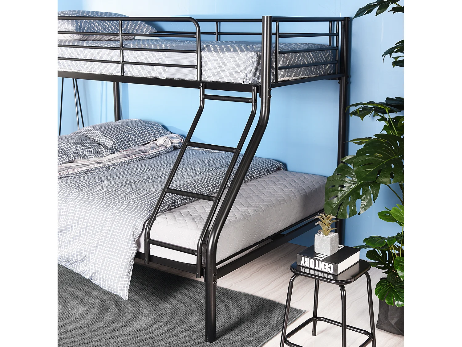 Meubles Cosy Lit superposes Lit surélevé pour 3 Personnes Sommier inclus 90x190 et 140x190cm Métal laqué Noir Style Industriel