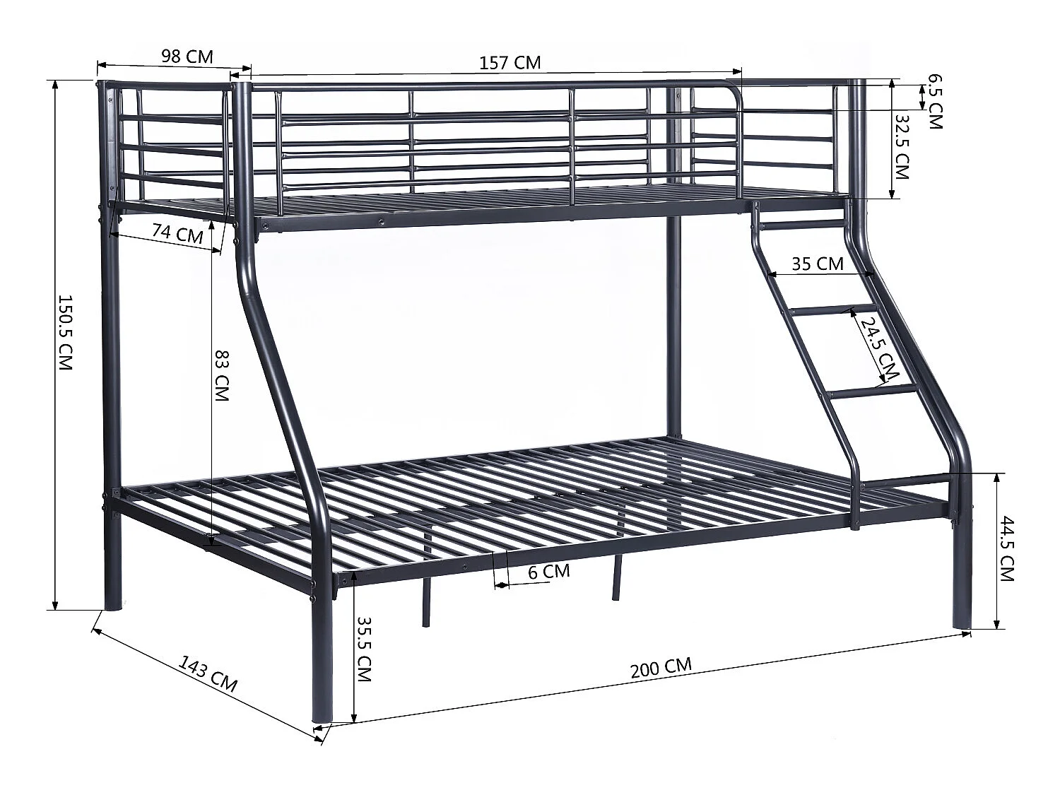 Meubles Cosy Lit superposes Lit surélevé pour 3 Personnes Sommier inclus 90x190 et 140x190cm Métal laqué Noir Style Industriel
