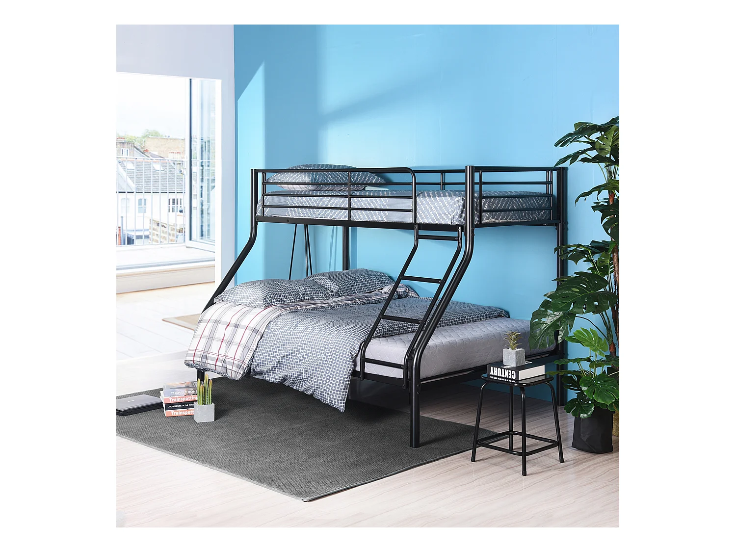 Meubles Cosy Lit superposes Lit surélevé pour 3 Personnes Sommier inclus 90x190 et 140x190cm Métal laqué Noir Style Industriel