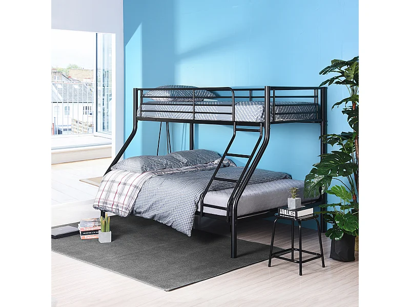 Meubles Cosy Lit superposes Lit surélevé pour 3 Personnes Sommier inclus 90x190 et 140x190cm Métal laqué Noir Style Industriel