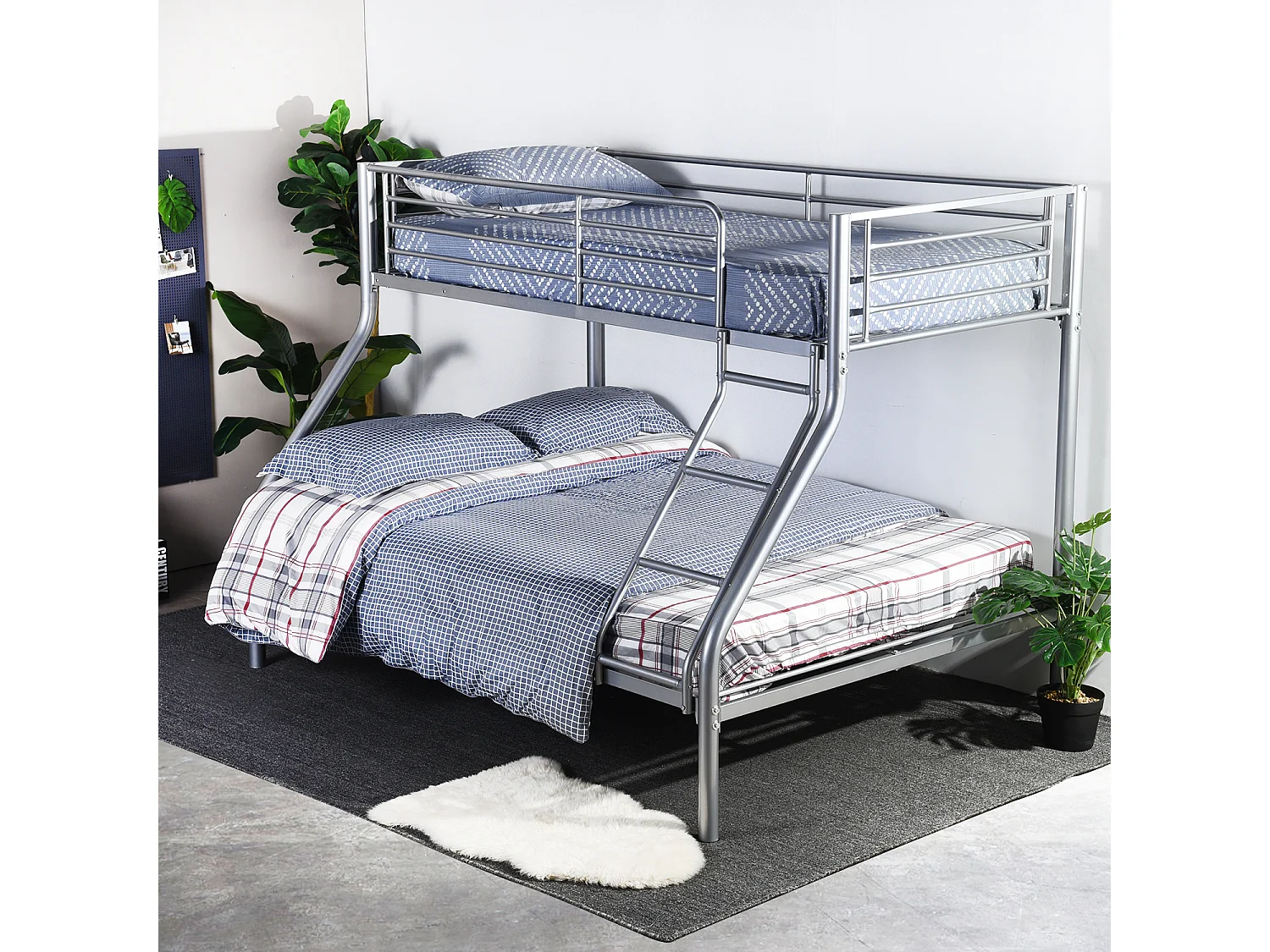 Meubles Cosy Lit superposes Lit surélevé pour 3 Personnes Sommier inclus 90x190 et 140x190cm Métal laqué Gris Style Industriel